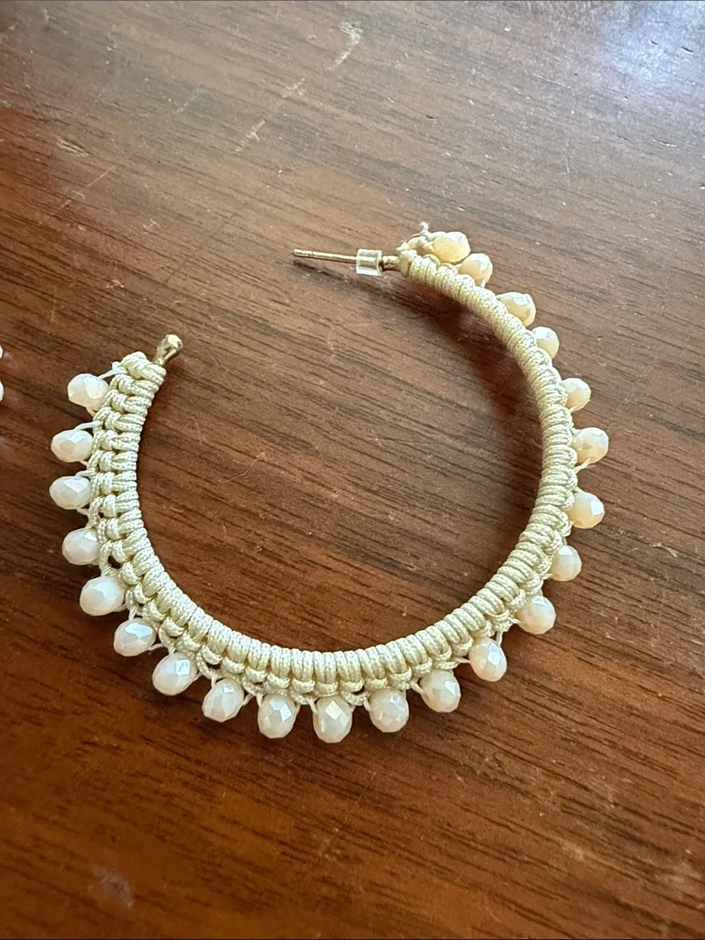 Handcrafted Cream Beaded Hoop Earrings